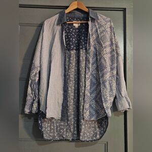 American eagle oversized xs patchwork button down floral / striped blue top